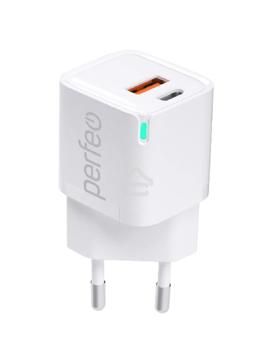 Сетевое зарядное устройство с двумя разъемами PERFEO USB-A+TYPE-C, GaN, 20W, белый (I4652)