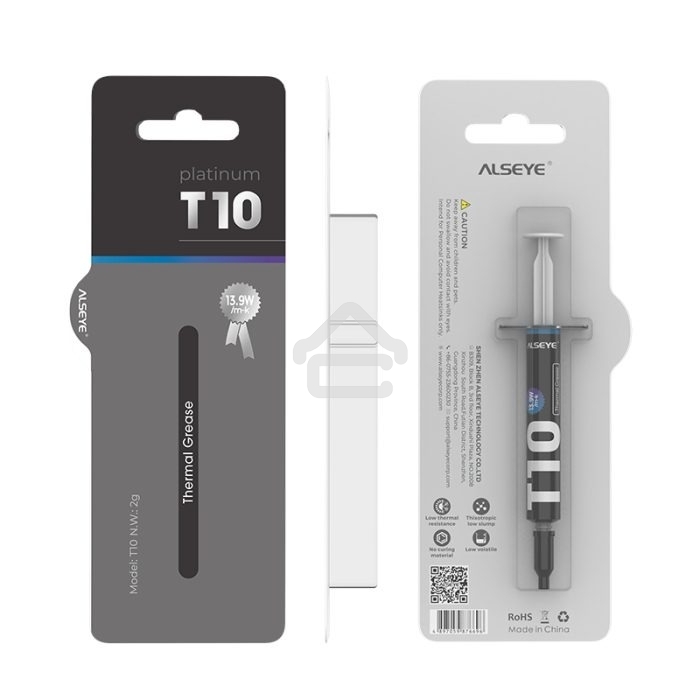 Термопаста ALSEYE T10 Thermal conductivity: 13.9W/m-k Color: Gray Conductivity: non-conductive specific gravity: 2.7g/cm³@25℃ Capacity: 1.2мл Weight: 2G