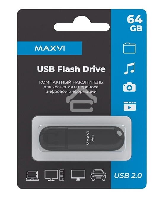 Флешка USB R/W Maxvi P1 64GB USB 2.0 black, монолит с колпачком, ABS пластик