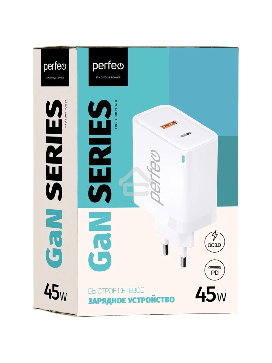 Сетевое зарядное устройство с двумя разъемами PERFEO USB-A+TYPE-C, GaN, 45W, белый (I4654)