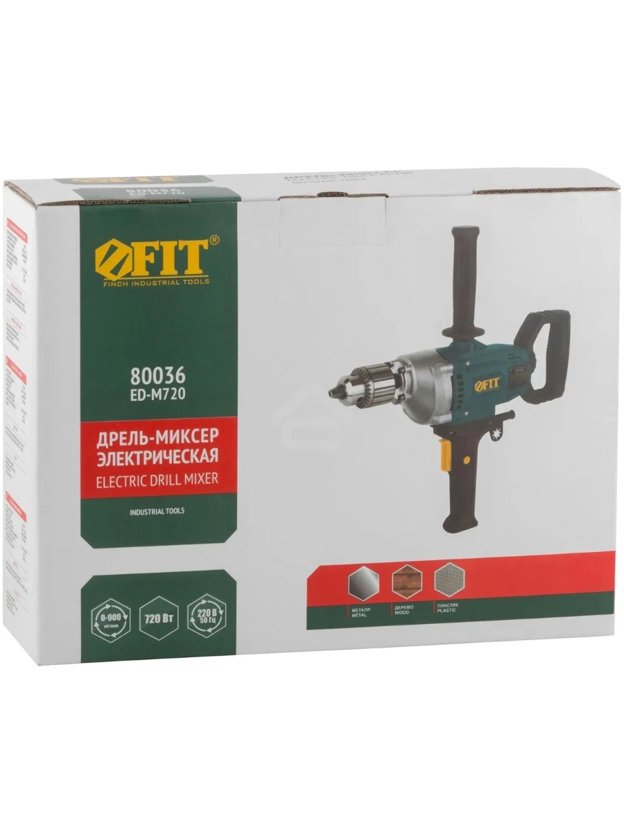 Дрель-миксер FIT ED-M720 720 Вт, 0-900 об/мин, КлП 3-16 мм, металл.корпус, рез.накл., коробка