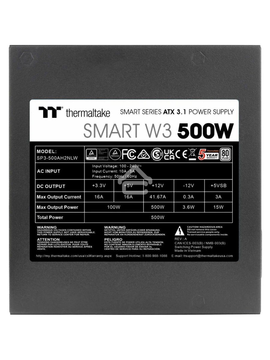Блок питания Thermaltake Smart RGB 500W (PS-SPW-0500NNFAWE-1), 500Вт, 80 PLUS, 120мм, черный