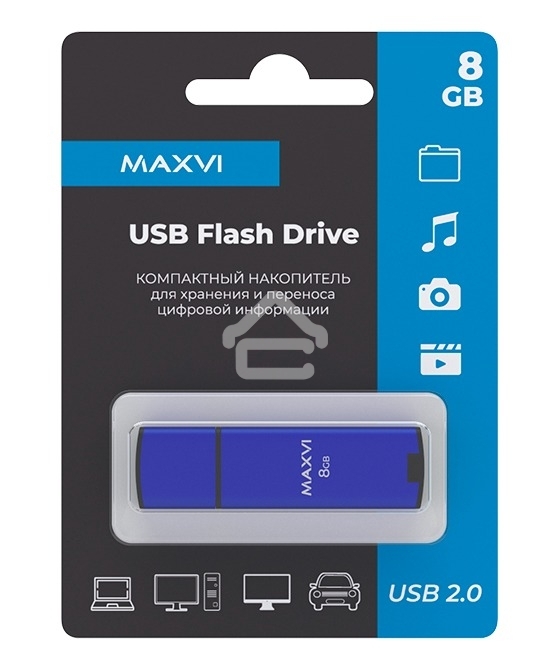 Флешка USB R/W Maxvi MP2 8GB USB 2.0 blue, монолит с колпачком, ABS пластик + металл