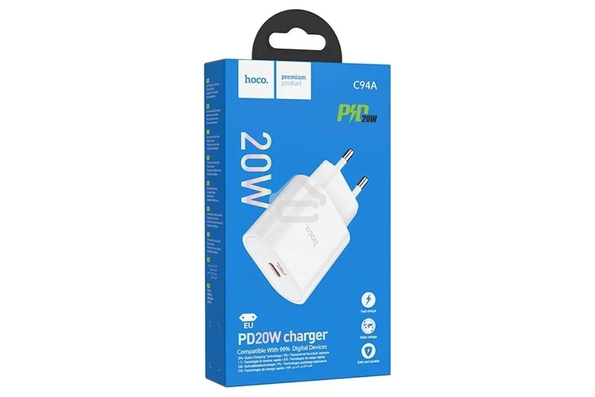 Блок питания (сетевой адаптер) HOCO C94A Metro 1xUSB-C с кабелем Type-C-Lightning, 3.0A, 20W, белый