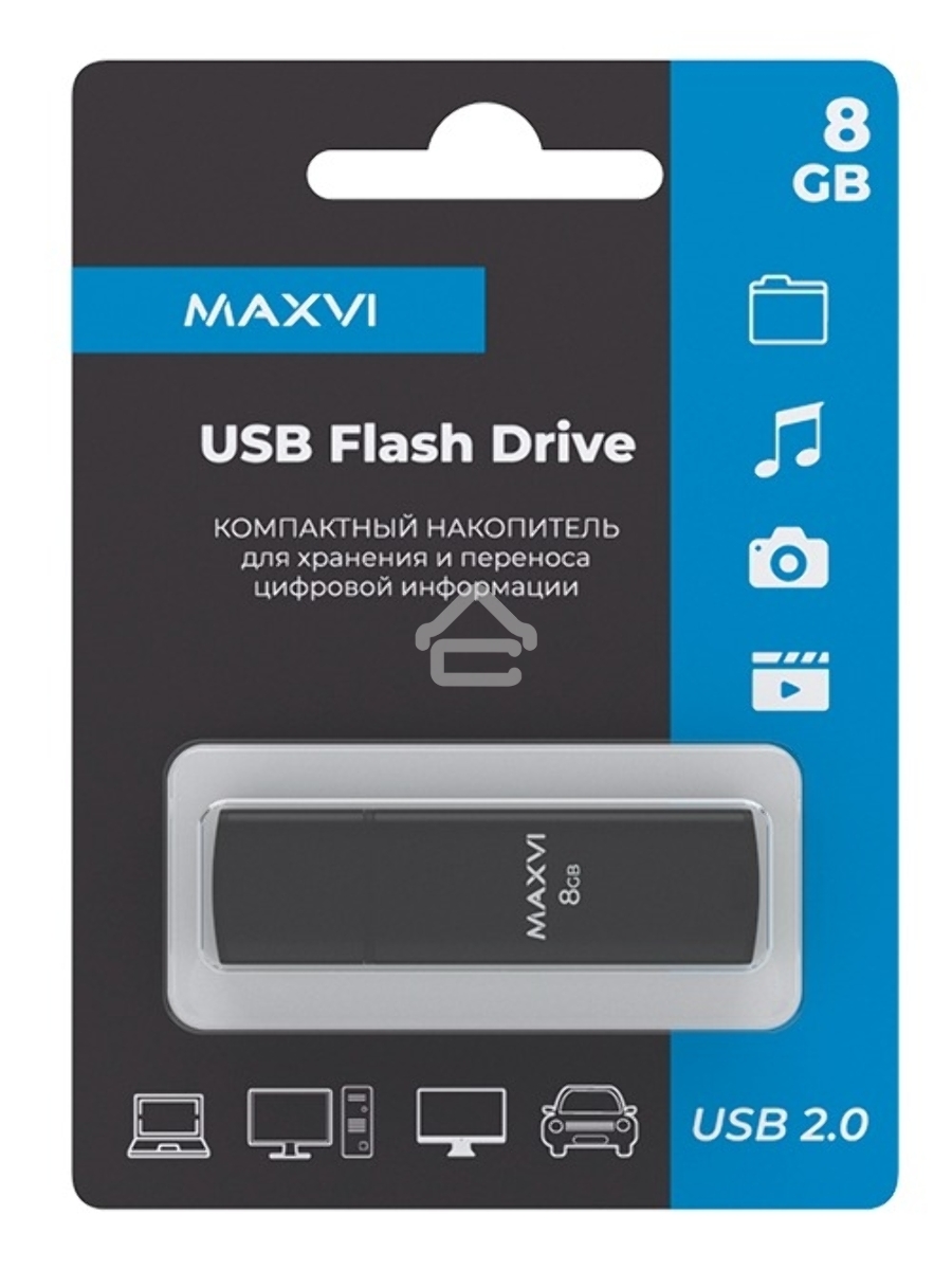 Флеш диск Maxvi MP2 8GB USB 2.0 black, монолит с колпачком, ABS пластик + металл