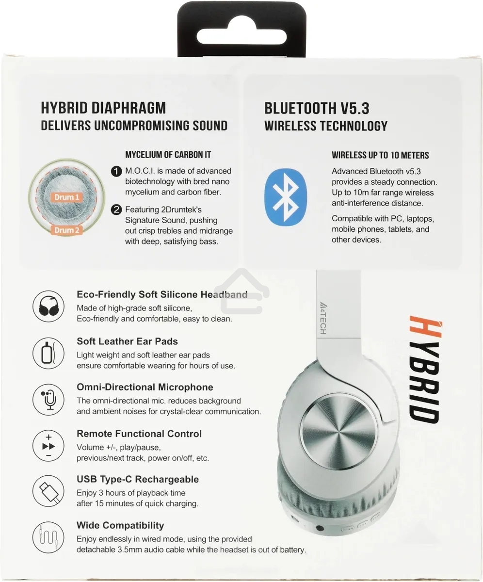 Наушники накладные A4Tech 2Drumtek BH300 белый/серый беспроводные bluetooth оголовье (BH300 GRAYISH WHITE)