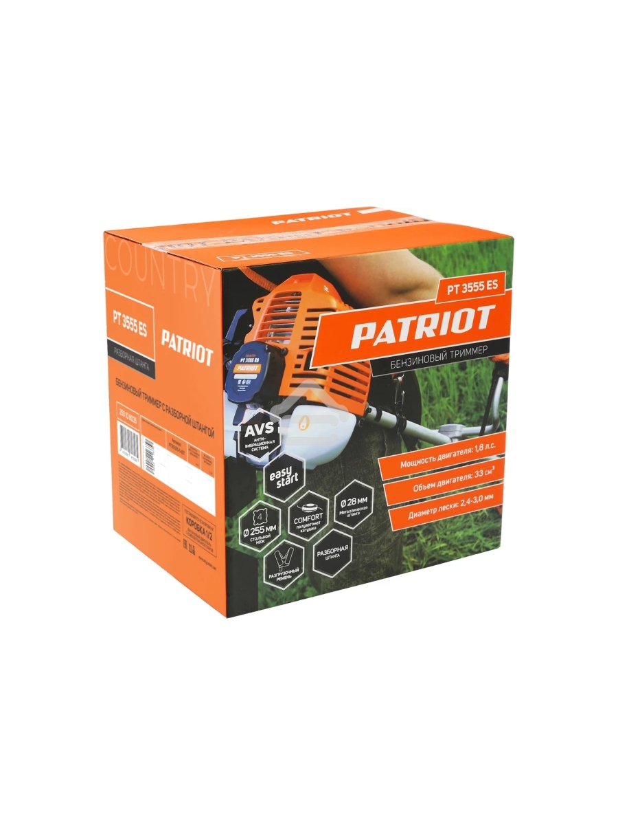 Триммер бензиновый Patriot 3555ES Country 1.8л.с. неразбор.штан. реж.эл.:леска/нож