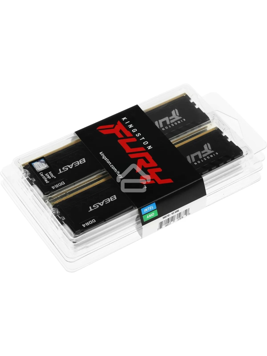 Оперативная память Kingston Fury Beast, DDR4, 64GB (4x16GB), 3600MHz, CL18, DIMM, радиатор, чёрный