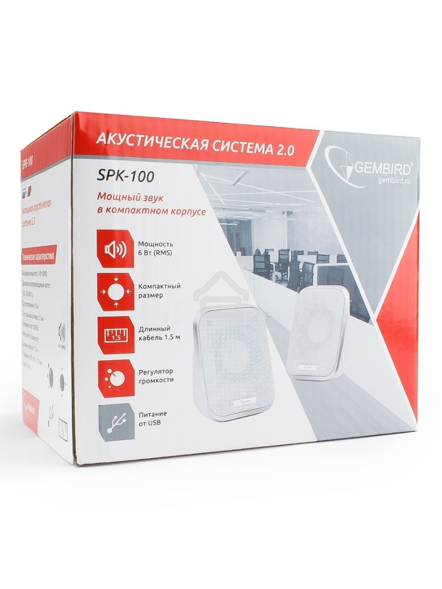 Акустич. система 2.0 Gembird SPK-100-W, белый, 6 Вт, регулятор громкости, USB-питание					