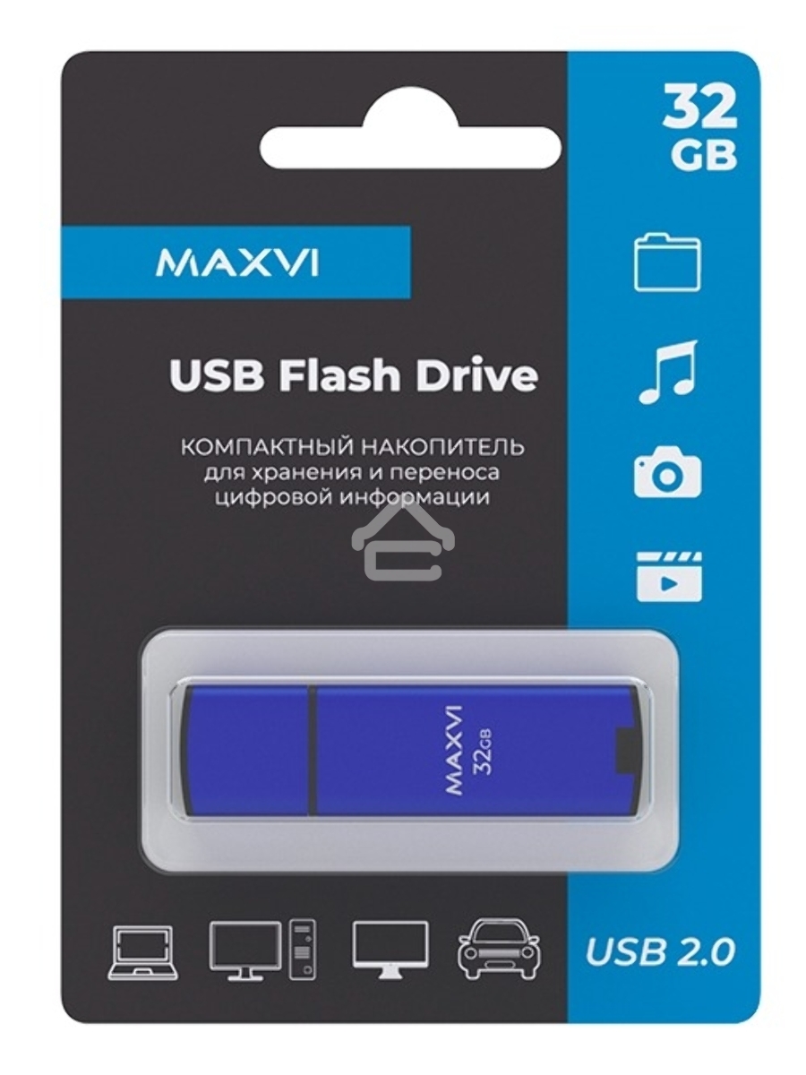 Флеш диск Maxvi MP2 32GB USB 2.0 blue, монолит с колпачком, ABS пластик + металл
