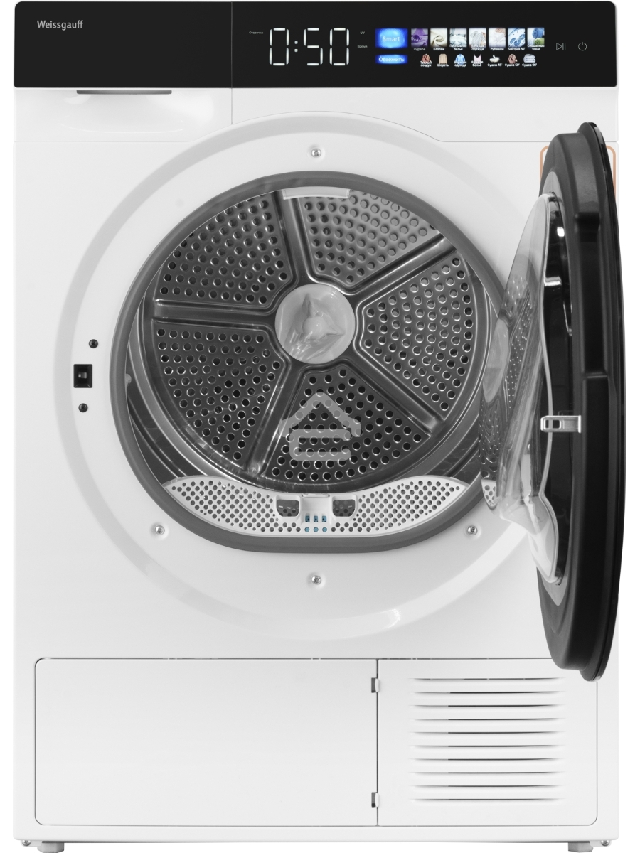 Сушильная машина Weissgauff WD 999 Heat Pump Full Touch белый/черный, 10 кг, сушка - тепловой насос, программ - 16, 60 x 85 x 62 см