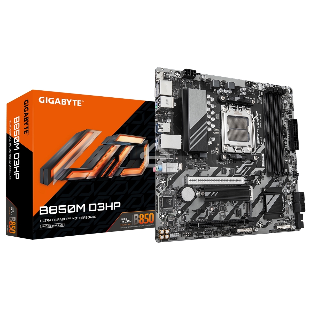 Материнская плата Gigabyte B850M D3HP, AM5, AMD B850, 4xDDR5, 4xSATA, 2xM.2, 1xPCIe 5.0 x16, 1xPCIe 3.0 x4, 1xHDMI, 2xDP, 1x 1Gb LAN, 3xUSB-A 3.2 Gen 1, 2xUSB-A 2.0, 1xUSB-C 3.2 Gen 1, 3x3.5 мм, 7.1, mATX