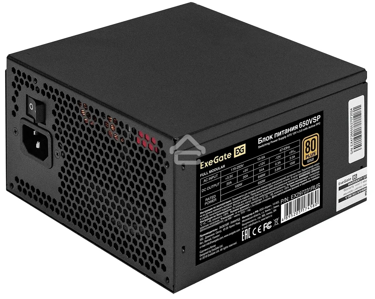 Блок питания 650W ExeGate 80 PLUS® GOLD 650VSP FС (ATX3.0, APFC, КПД 90% (80 PLUS Gold), 120мм fan, 24pin, 2x(4+4)pin, PCIE5.0/12VHPWR, 2xPCI-E, 6xSATA, 3xIDE, 1xFDD, Full Cable Management, black, Color box)