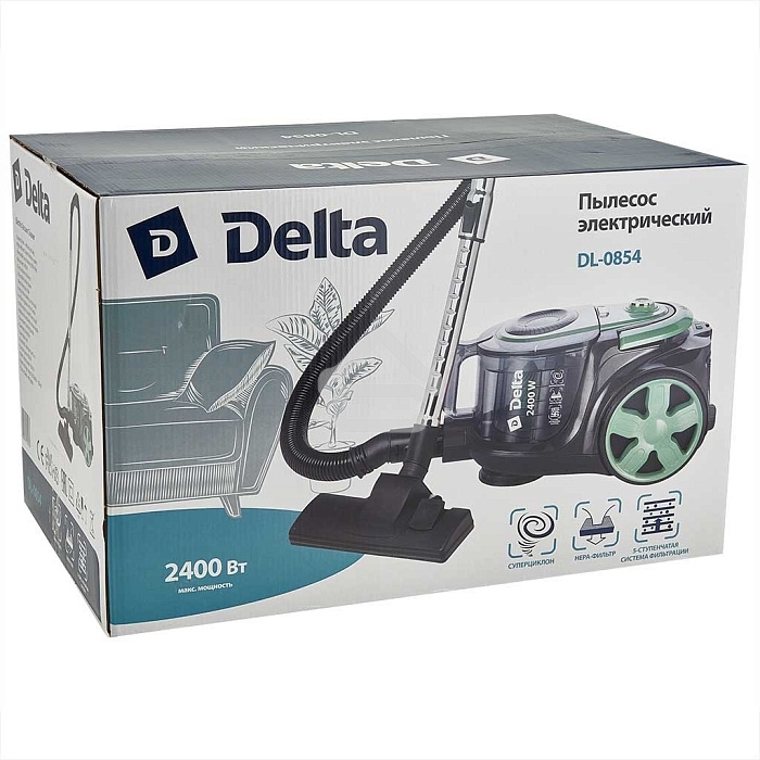 Пылесос DELTA DL-0854 черный/зеленый, 300/2400 Вт, уборка сухая, пылесборник контейнер, 4 л