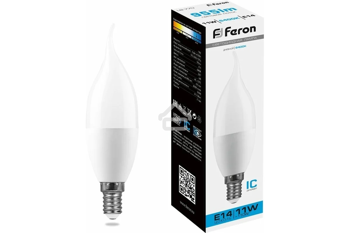 Лампа светодиодная Feron LB-770 (25952) 11W 230V E14 6400K свеча на ветру