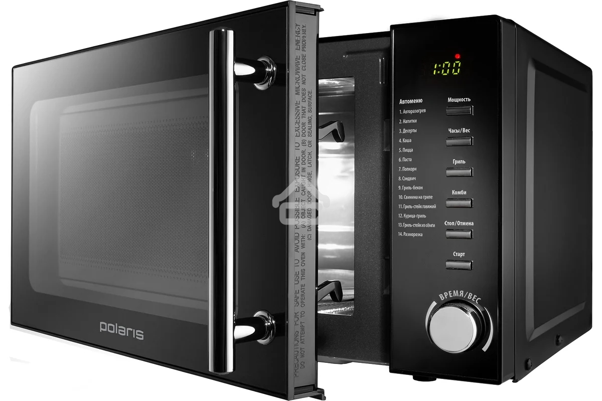 Микроволновая печь Polaris PMO 2002DG RUS черный, 20 л, 700 Вт, переключатели - поворотный механизм/кнопки
