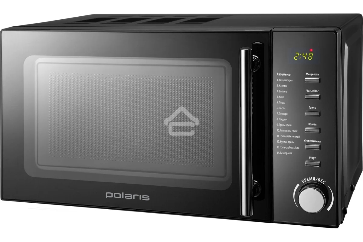 Микроволновая печь Polaris PMO 2002DG RUS черный, 20 л, 700 Вт, переключатели - поворотный механизм/кнопки