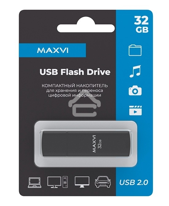 Флешка USB R/W Maxvi MP2 32GB USB 2.0 black, монолит с колпачком, ABS пластик + металл
