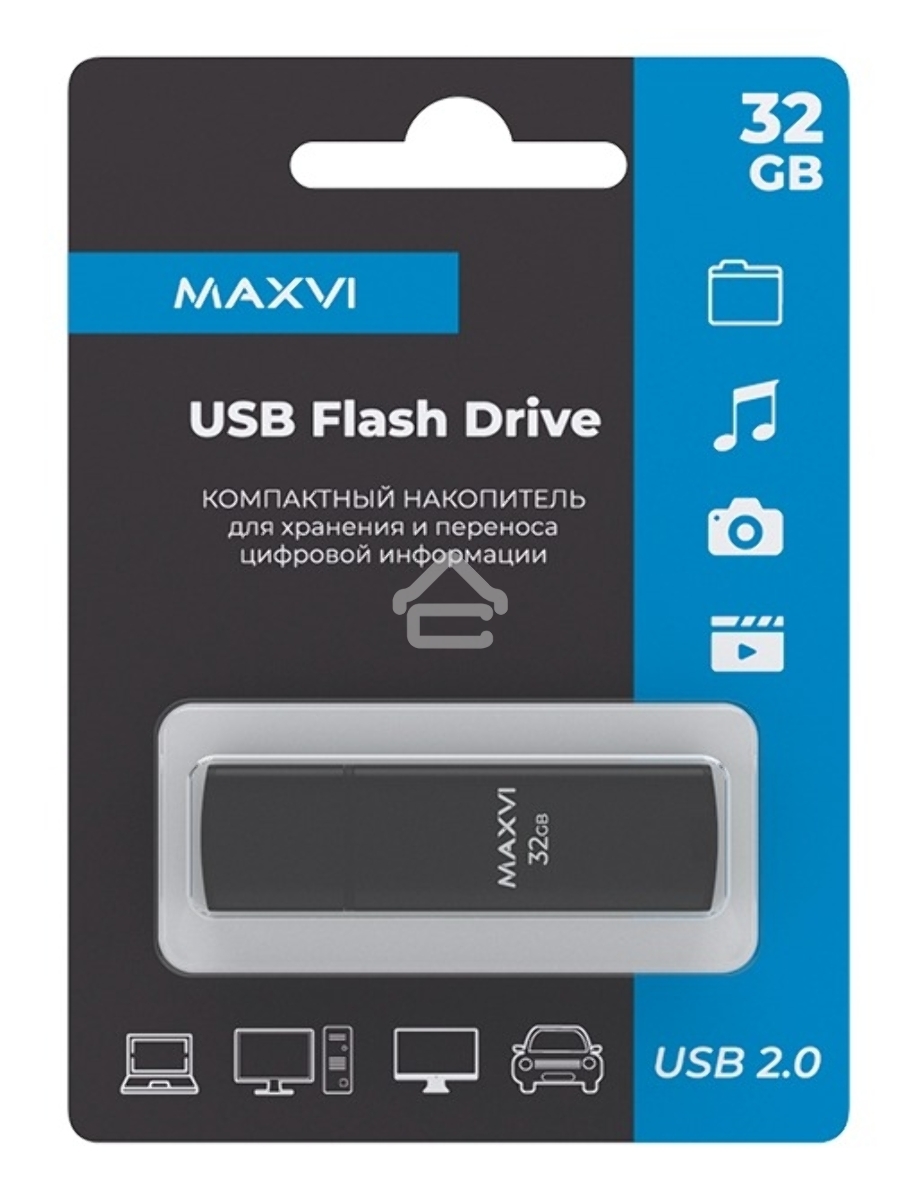 Флеш диск Maxvi MP2 32GB USB 2.0 black, монолит с колпачком, ABS пластик + металл