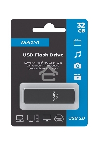 Флеш диск Maxvi MP2 32GB USB 2.0 black, монолит с колпачком, ABS пластик + металл