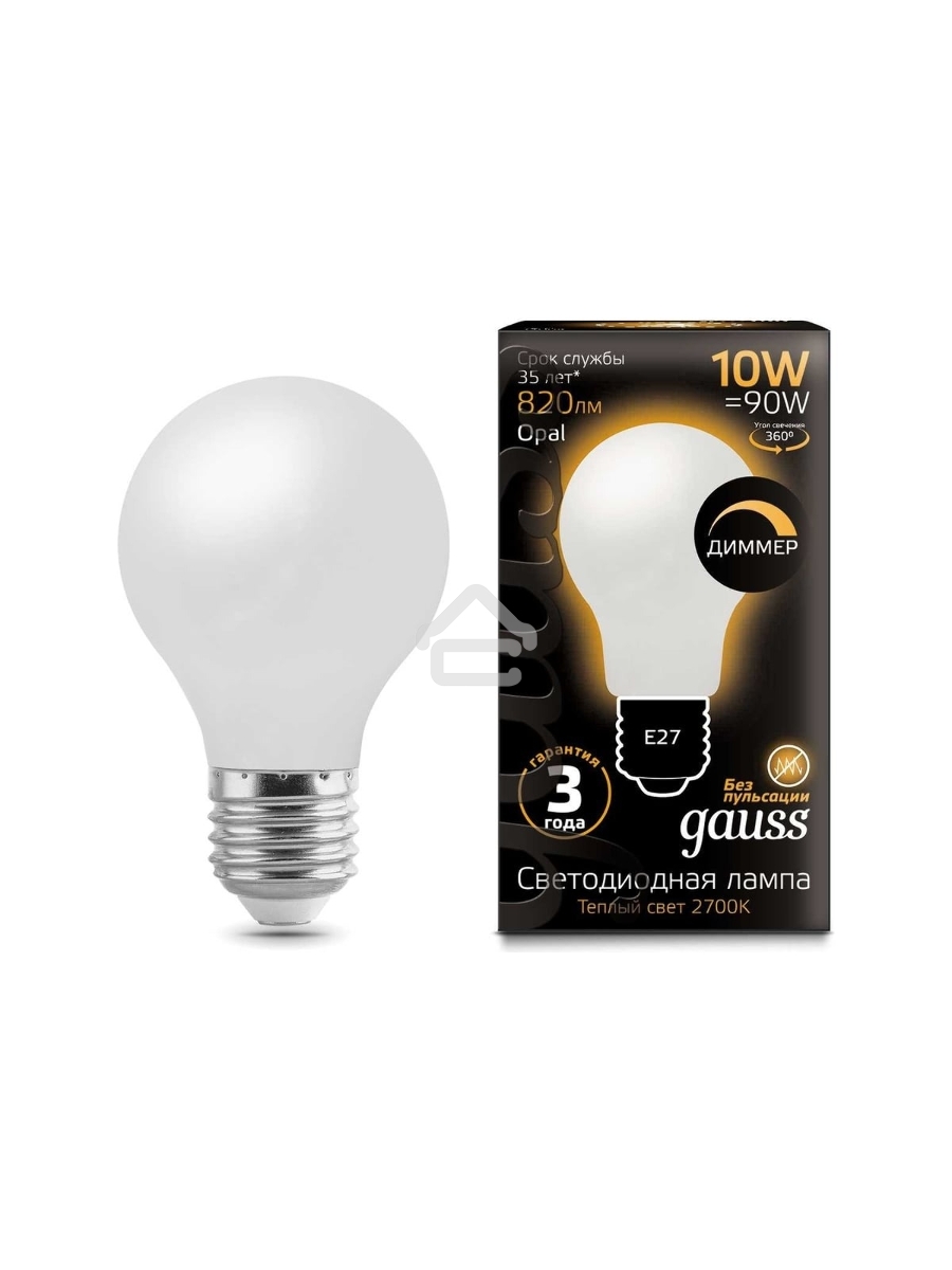 Светодиодная лампа LED GAUSS 102202110-D Filament A60 OPAL dimmable E27 10W 820lm 2700К 1/10/40