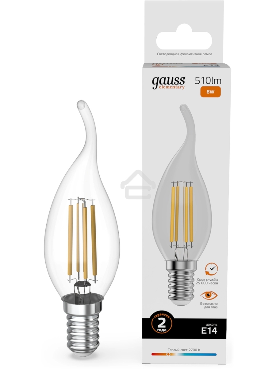 Лампа филам. Gauss Filament 8Вт цок.:E14 свеча св.свеч.бел.теп. (упак.:10шт) (42118)