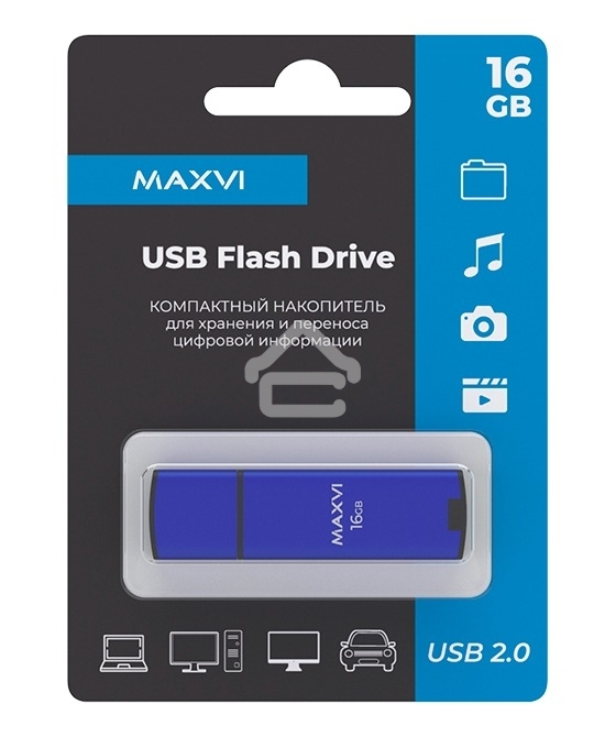 Флешка USB R/W Maxvi MP2 16GB USB 2.0 blue, монолит с колпачком, ABS пластик + металл