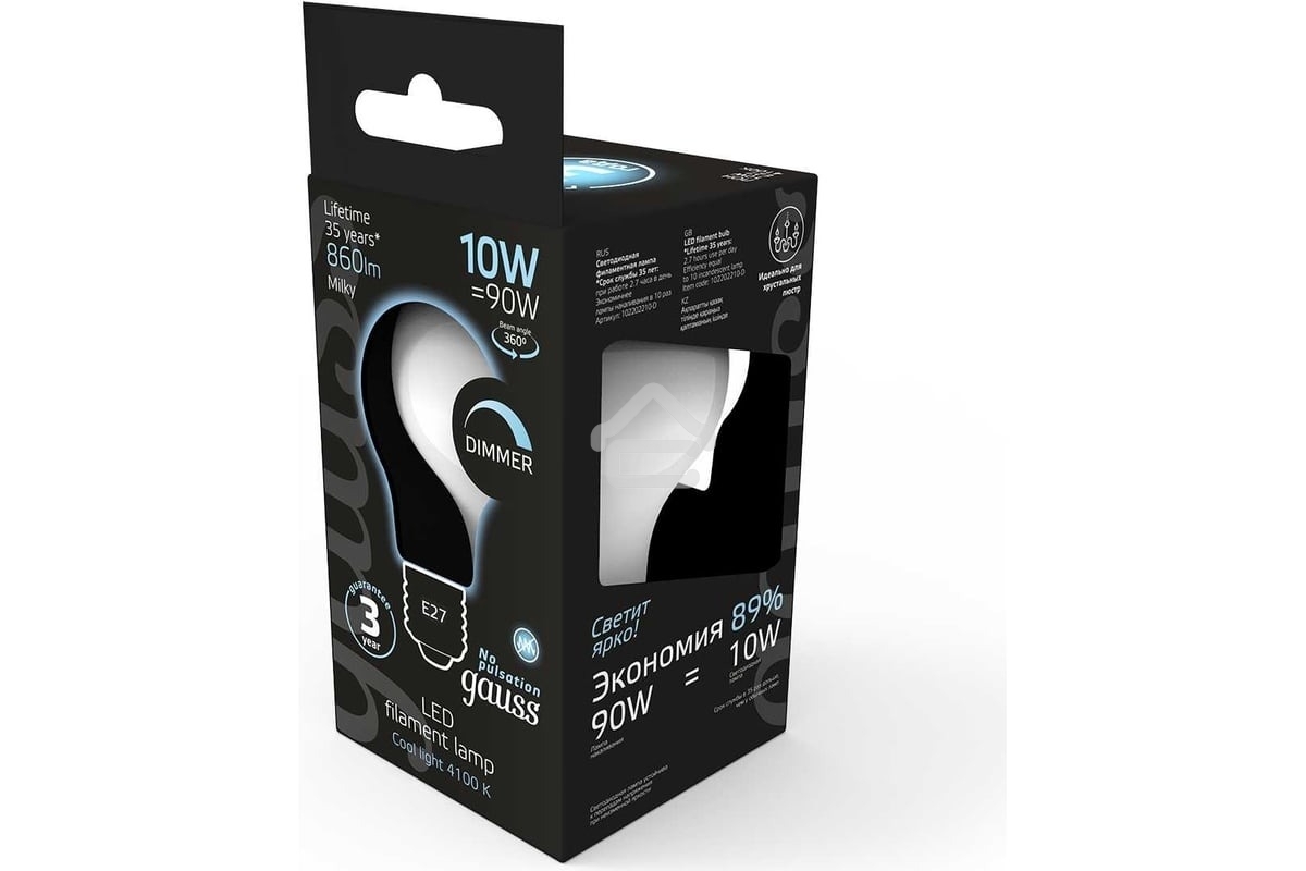 Лампа светодиодная Gauss Filament A60 E27 10Вт 4100К OPAL диммир