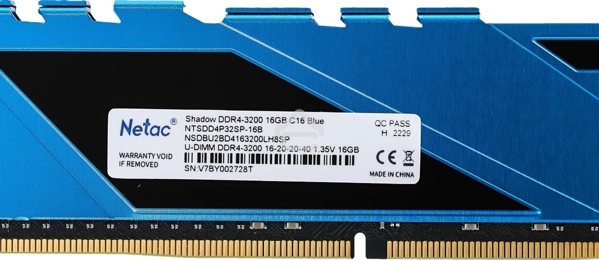 Оперативная память NETAC Shadow, DDR4, 16GB (1x16GB), 3200MHz, CL16, DIMM, с радиаторами, синий