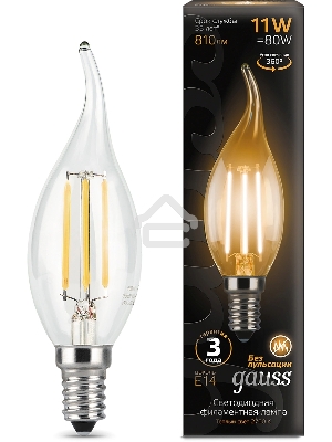 Лампа филам. Gauss Filament 11Вт цок.:E14 свеча 220B св.свеч.бел.теп. CF35 (упак.:10шт) (104801111)