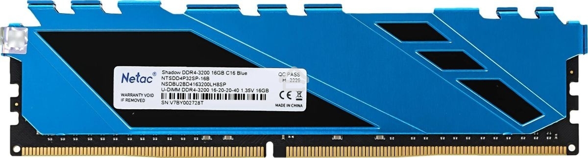Оперативная память NETAC Shadow, DDR4, 16GB (1x16GB), 3200MHz, CL16, DIMM, с радиаторами, синий