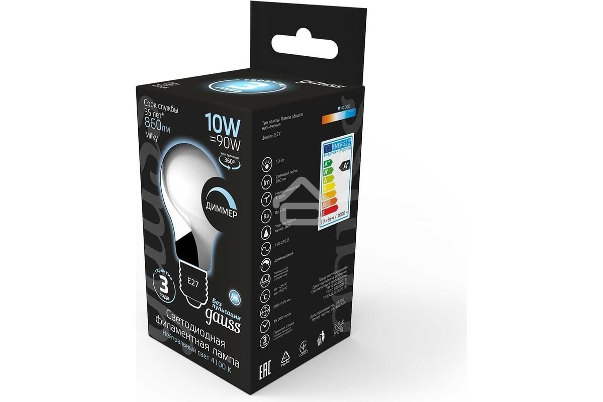 Лампа светодиодная Gauss Filament A60 E27 10Вт 4100К OPAL диммир
