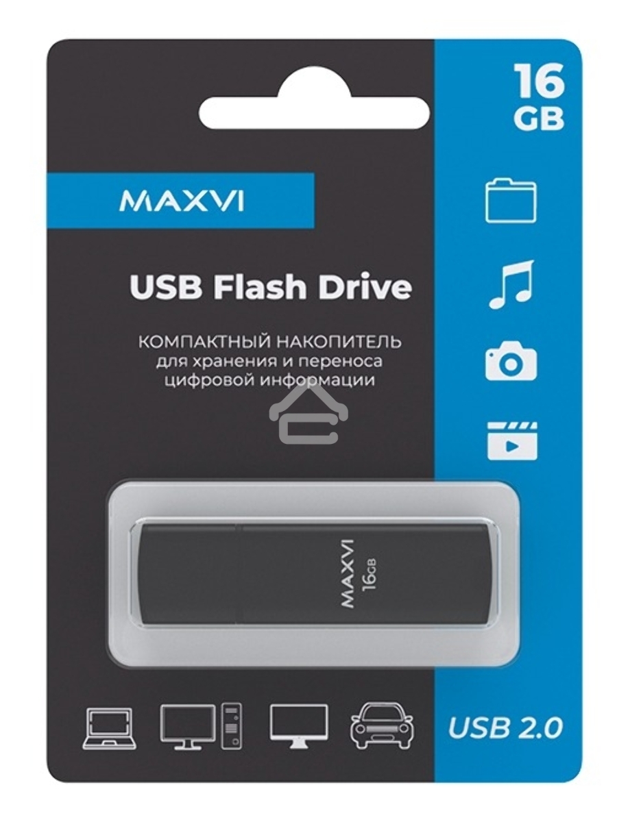 Флеш диск Maxvi MP2 16GB USB 2.0 black, монолит с колпачком, ABS пластик + металл