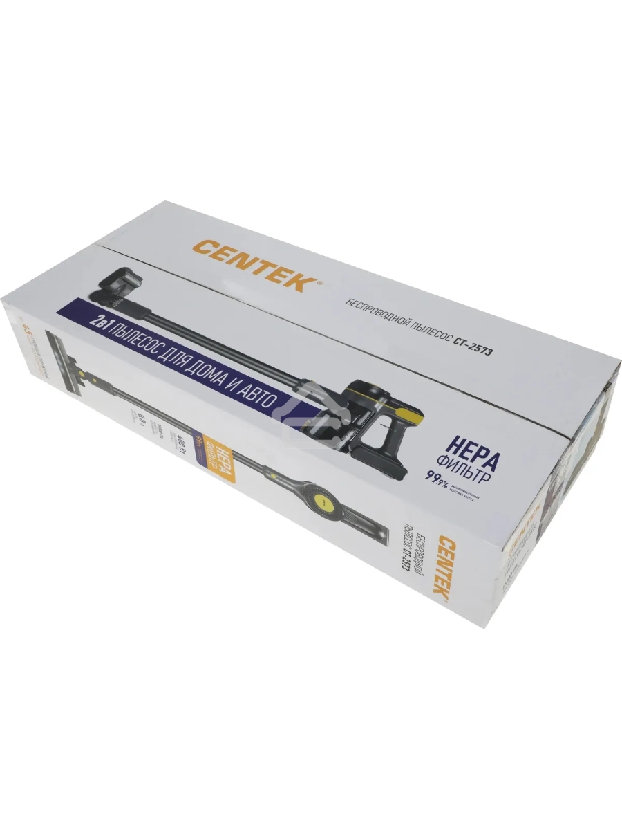 Пылесос вертикальный Centek CT-2573 черный/желтый, питание от аккумулятора, 215 Вт, уборка сухая, пылесборник 0.8 л, работа от АКБ max 45 мин