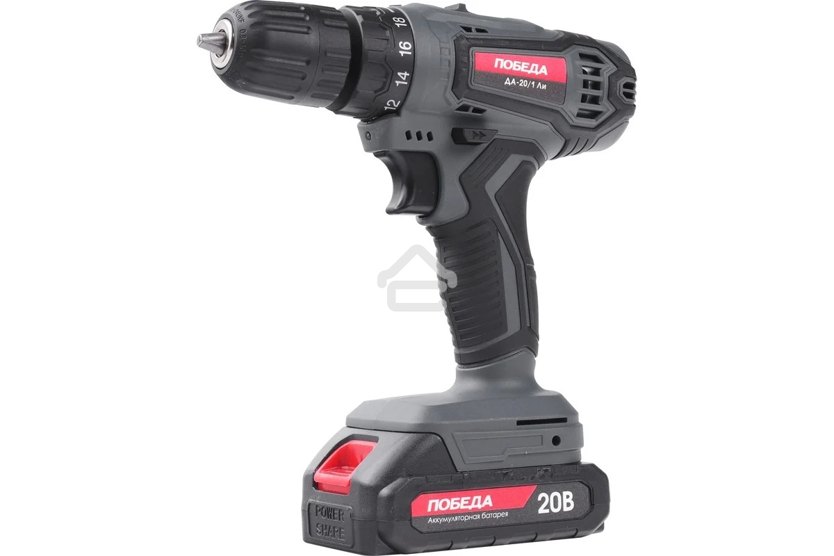 Дрель-шуруповерт аккумуляторная ПОБЕДА ДА-20/1 Ли, 20В, 2,0Ач, 1 АКБ, 38Нм