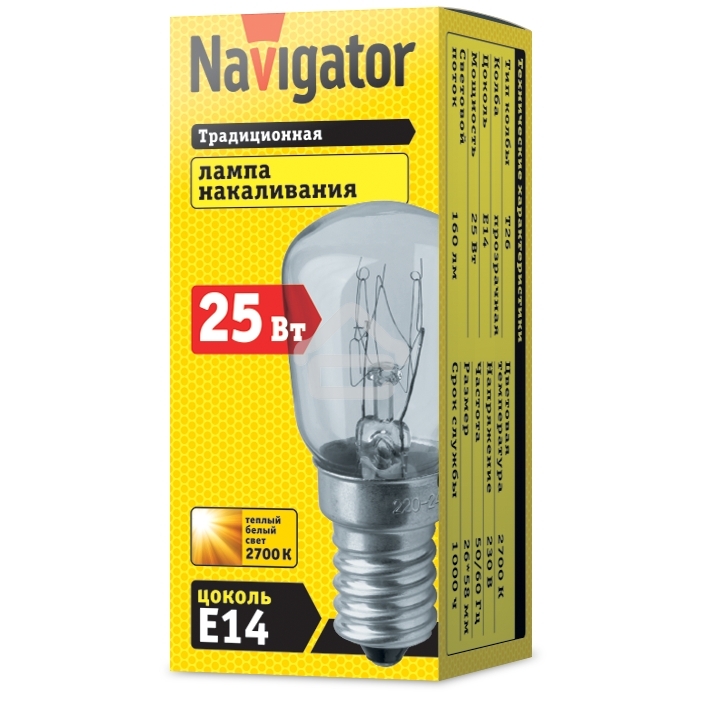 Лампа накаливания Navigator NI-T26-25-230-E14-CL