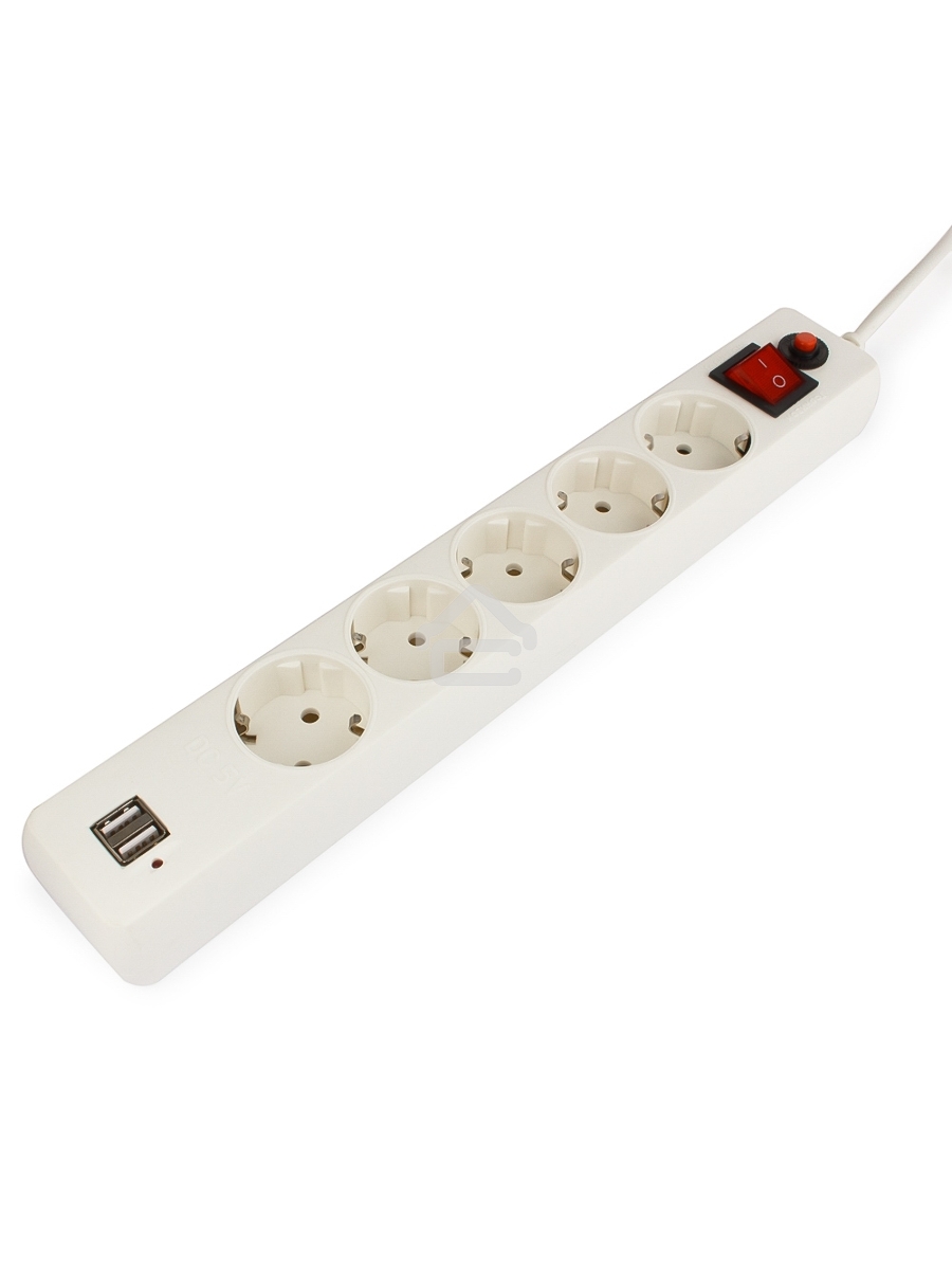 Сетевой фильтр Гарнизон 5р, 10А, 2xUSB, 1.8м, ур.защиты 4, белый, пакет