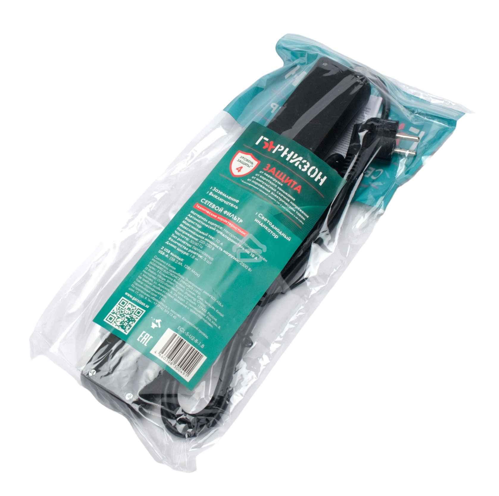 Сетевой фильтр Гарнизон 5 р, 10А, 2xUSB, 1.8 м, ур.защиты 4, черный, пакет