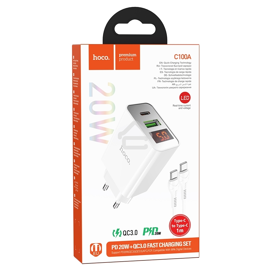 Сетевое зарядное устройство HOCO (6931474769824) C100Aaa 1USB+1Type-C 3.0A QC3.0 PD 20W, White