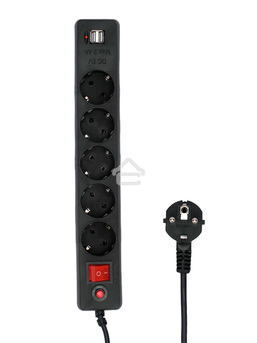 Сетевой фильтр Гарнизон 5р, 10А, 2xUSB, 1.8м, ур.защиты 4, черный, пакет