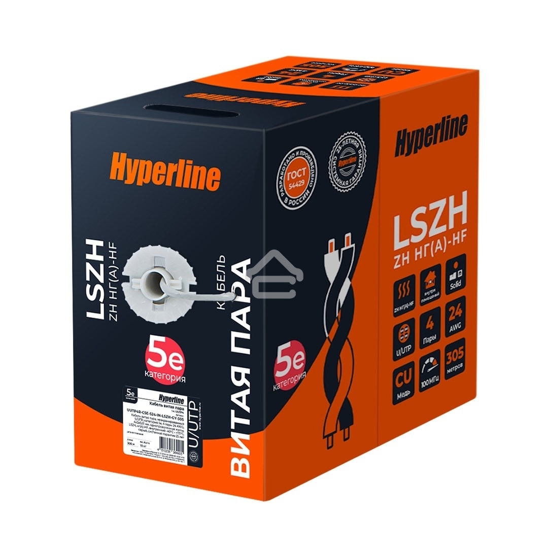 Кабель информационный Hyperline UUTP4R-C5E-S24-IN-LSZH-GY-305 cat.5e UTP 4 пары 24AWG LSZH внутренний 305м серый