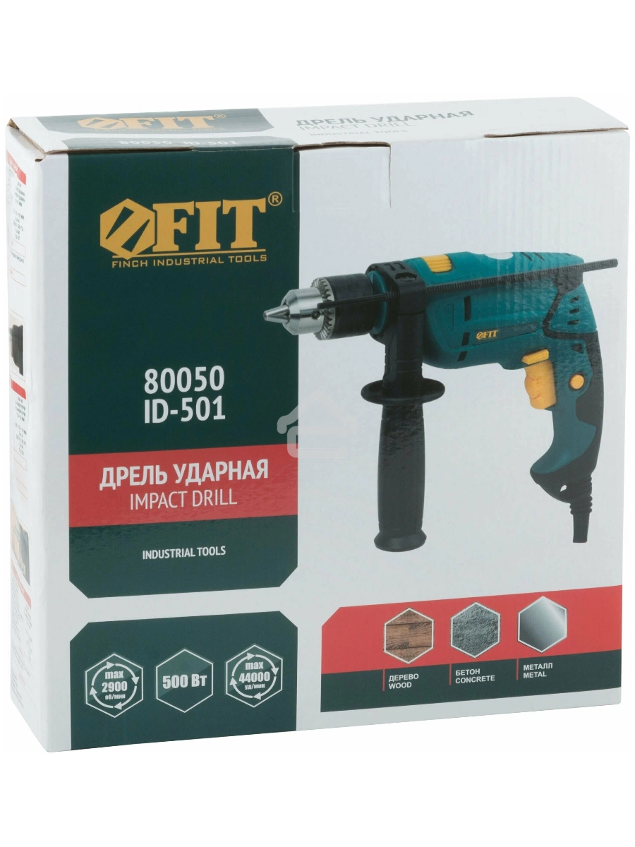 Дрель ударная FIT ID-501 500 Вт, 0-2900 об/мин, КлП 10 мм, 1,6 кг, рез. накл, коробка