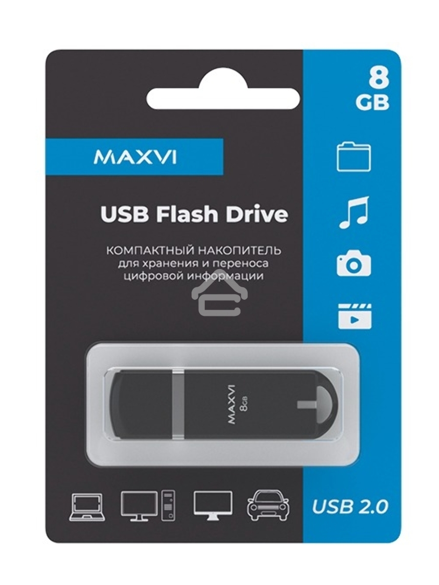 Флеш диск Maxvi P3 8GB USB 2.0 black, монолит с колпачком, ABS пластик