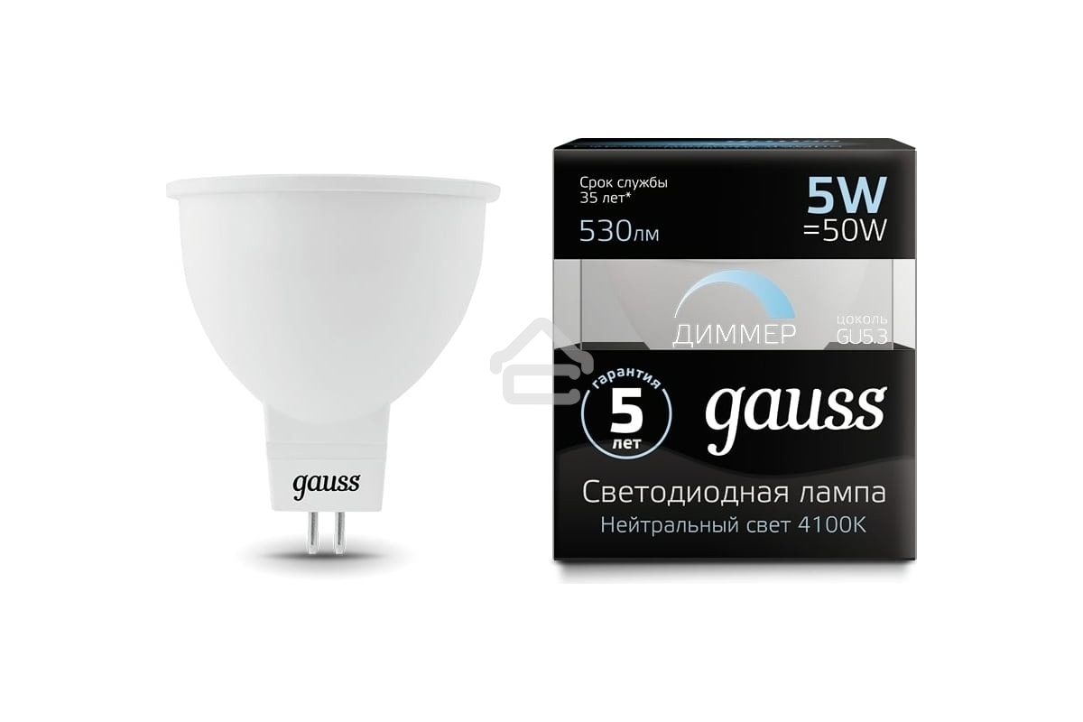 Лампа светодиодная диммируемая Gauss MR16 5Вт 4100К белый GU5.3 530лм 180-265В