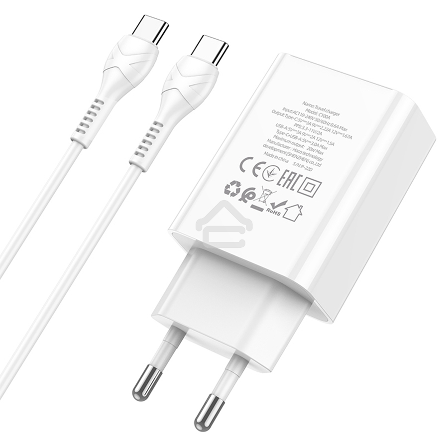 Сетевое зарядное устройство HOCO (6931474769824) C100Aaa 1USB+1Type-C 3.0A QC3.0 PD 20W, White