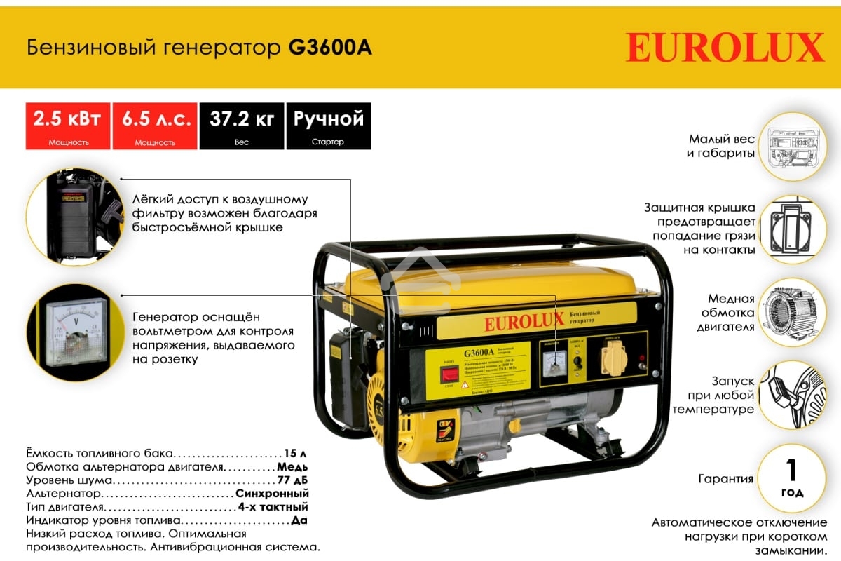 Электрогенератор бензиновый Eurolux G3600A, 2.5 кВт, 77 дБ, 37.2 кг
