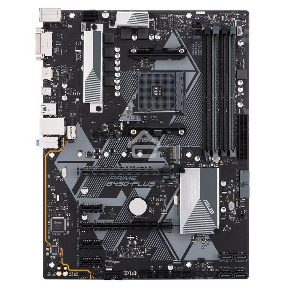 Материнская плата ASUS PRIME B450-PLUS, AM4, AMD B450, 4xDDR4, 6xSATA, 1xM.2, 1xPCIe 3.0 x16, 1xPCIe 2.0 x4, 3xPCIe x1, 1x 1Gb LAN, 2xUSB 3.2 Gen 1, 2xUSB 3.2 Gen 2, 1xUSB 2.0, 3x3.5 мм, 7.1, ATX