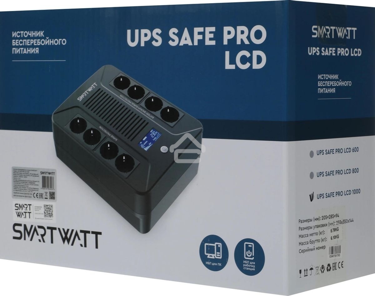 Источник бесперебойного питания SMARTWATT UPS SAFE PRO LCD 1000 черный 1000/600 ВА/Вт, напольный/настенный, линейно-интерактивный, LCD дисплей, Shuko CEE7/4 - 8 шт. (4 шт. с резервным питанием, 4 шт. - сетевой фильтр)
