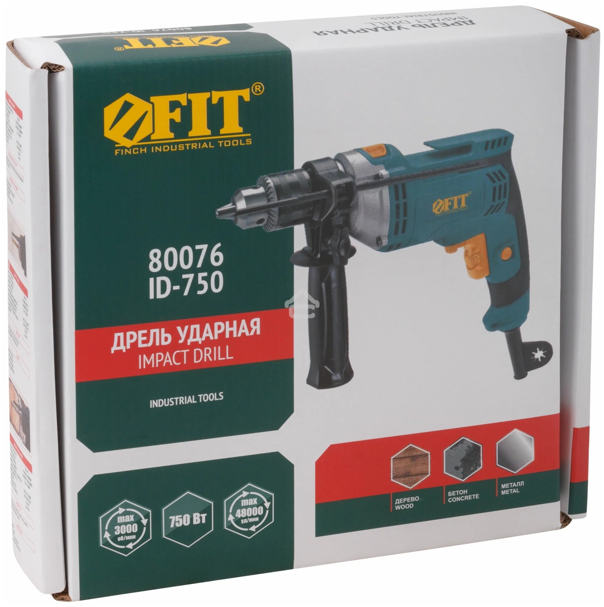 Дрель ударная FIT ID-750 750 Вт, 0-3000 об/мин, КлП 13 мм, 2,4 кг, мет. корп., рез. накл., коробка