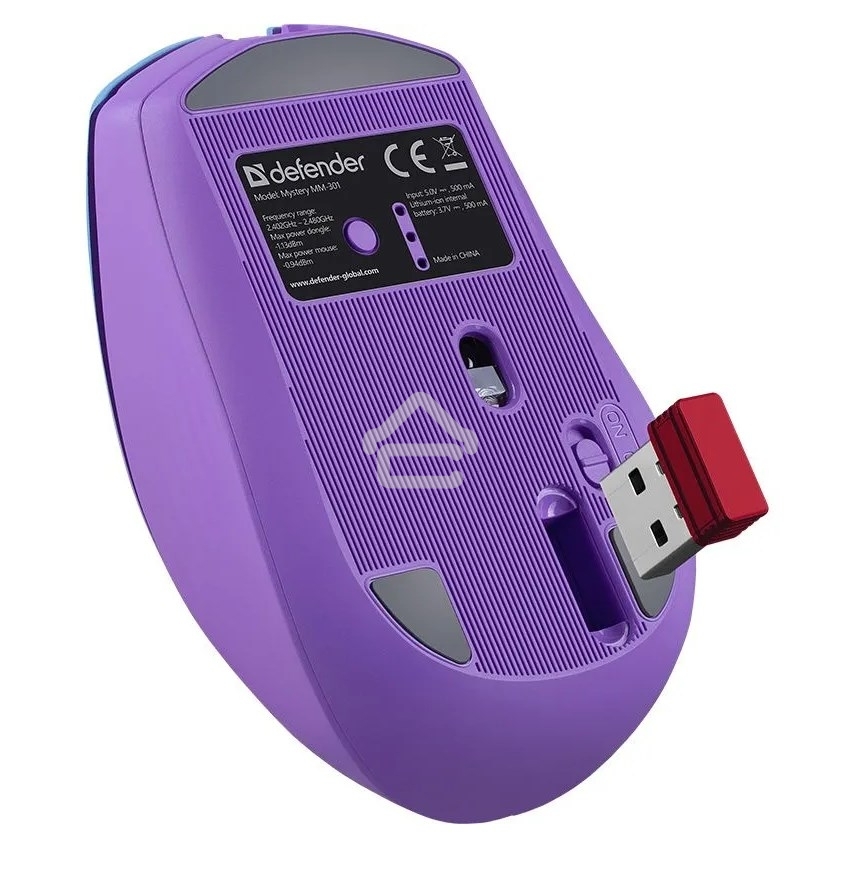 Мышь беспроводная Defender Mystery MM-301 фиолетовый, 1600 dpi, радиоканал, Bluetooth, USB, кнопки - 6